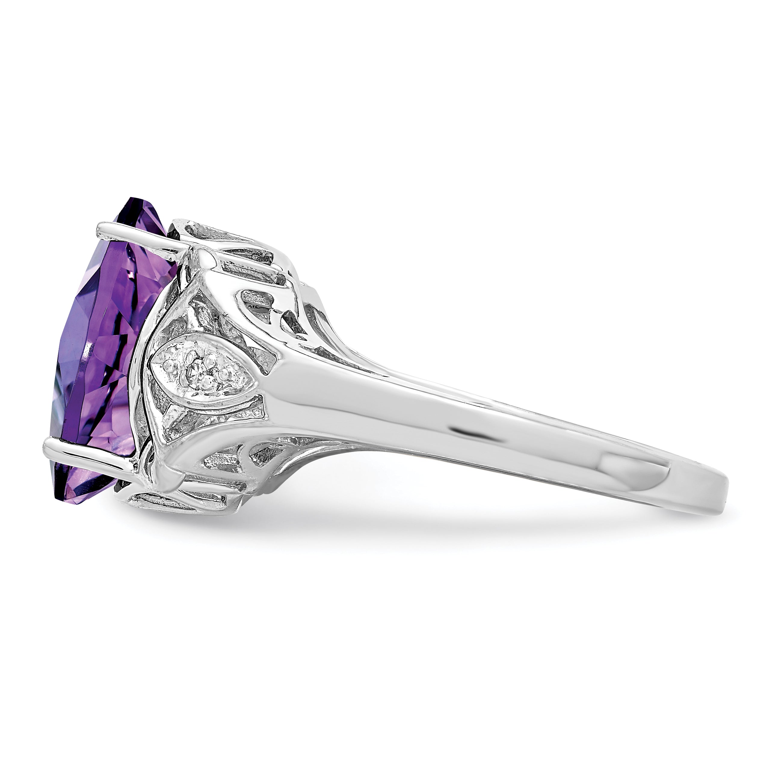 Sterling Silver Rhodium Oval Checker-Cut Amethyst & Diamond Ring