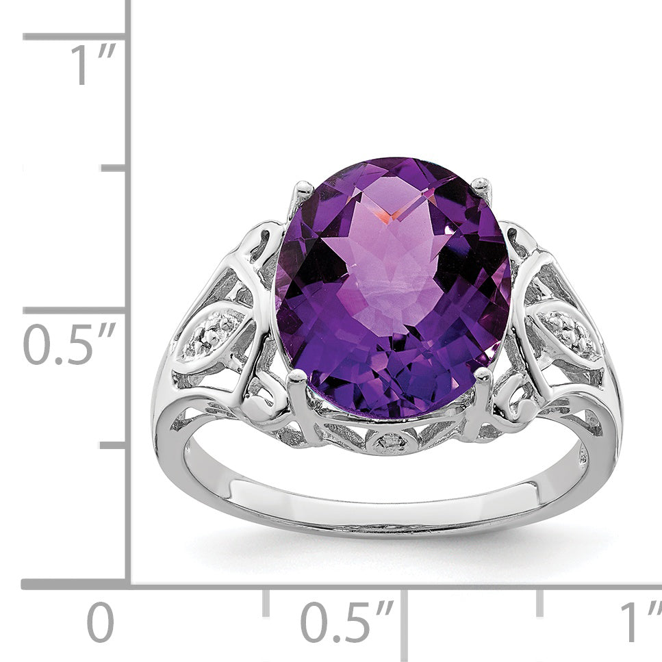 Sterling Silver Rhodium Oval Checker-Cut Amethyst & Diamond Ring