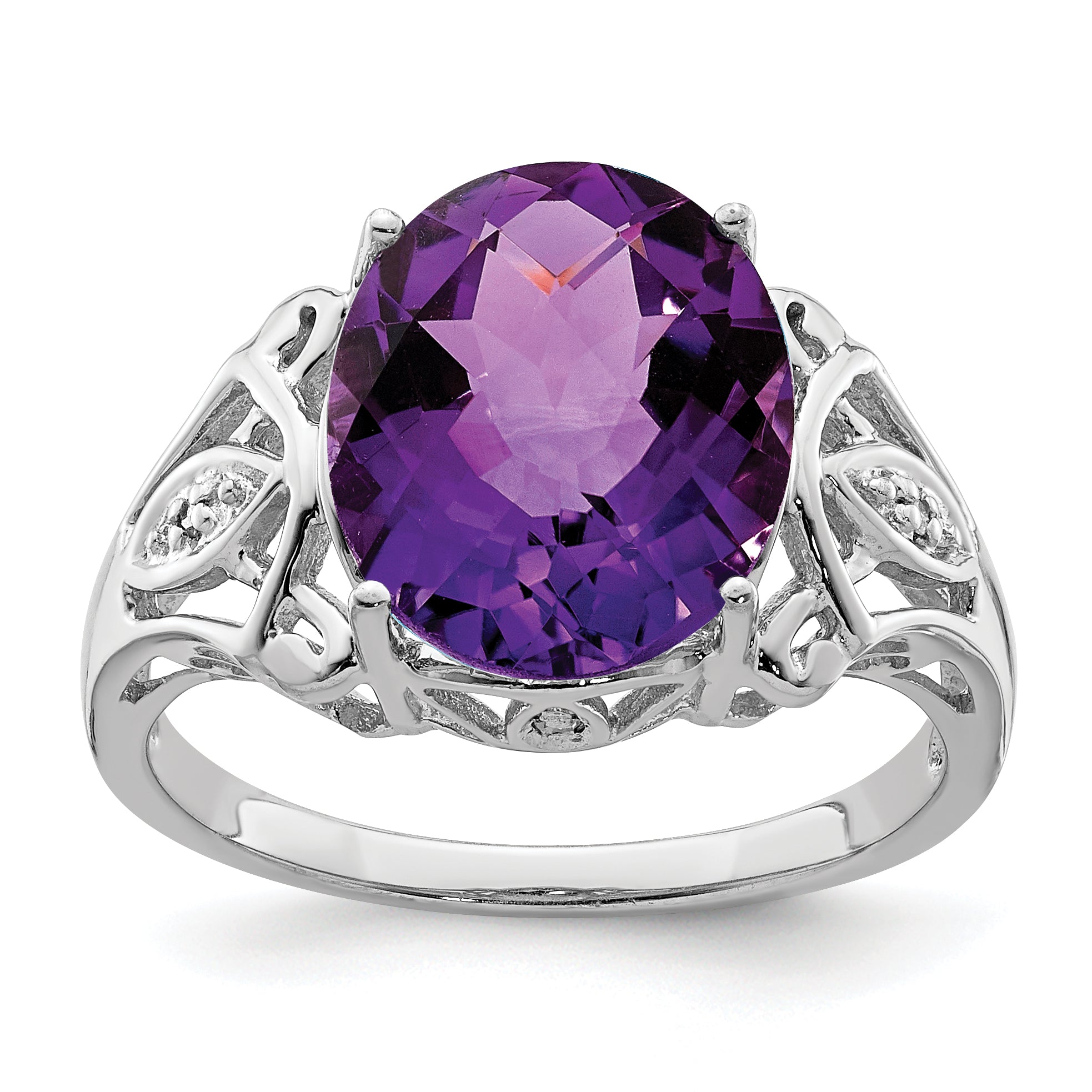 Sterling Silver Rhodium Oval Checker-Cut Amethyst & Diamond Ring Main image