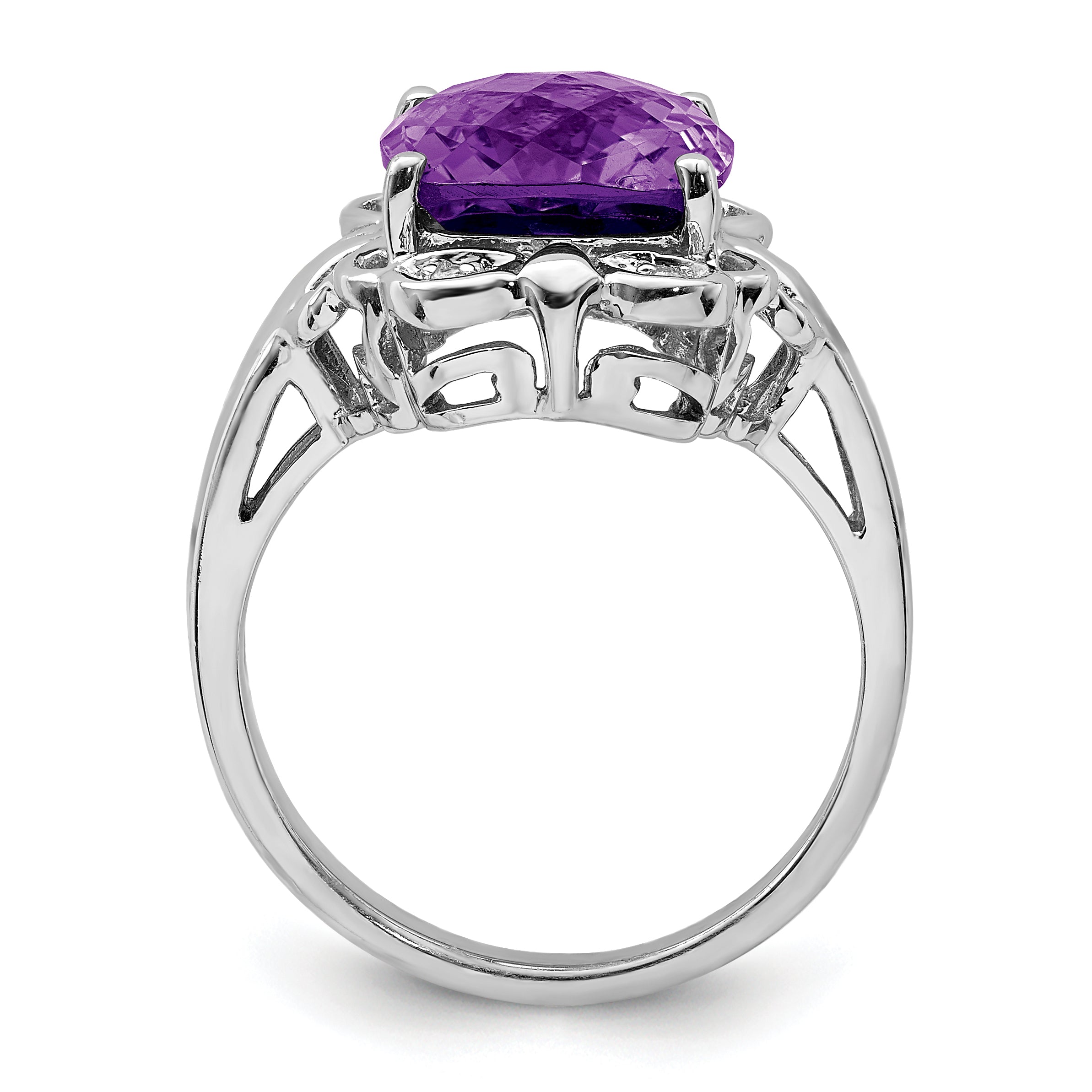 Sterling Silver Rhodium-plated Checker-Cut Amethyst & Diamond Ring Secondary image
