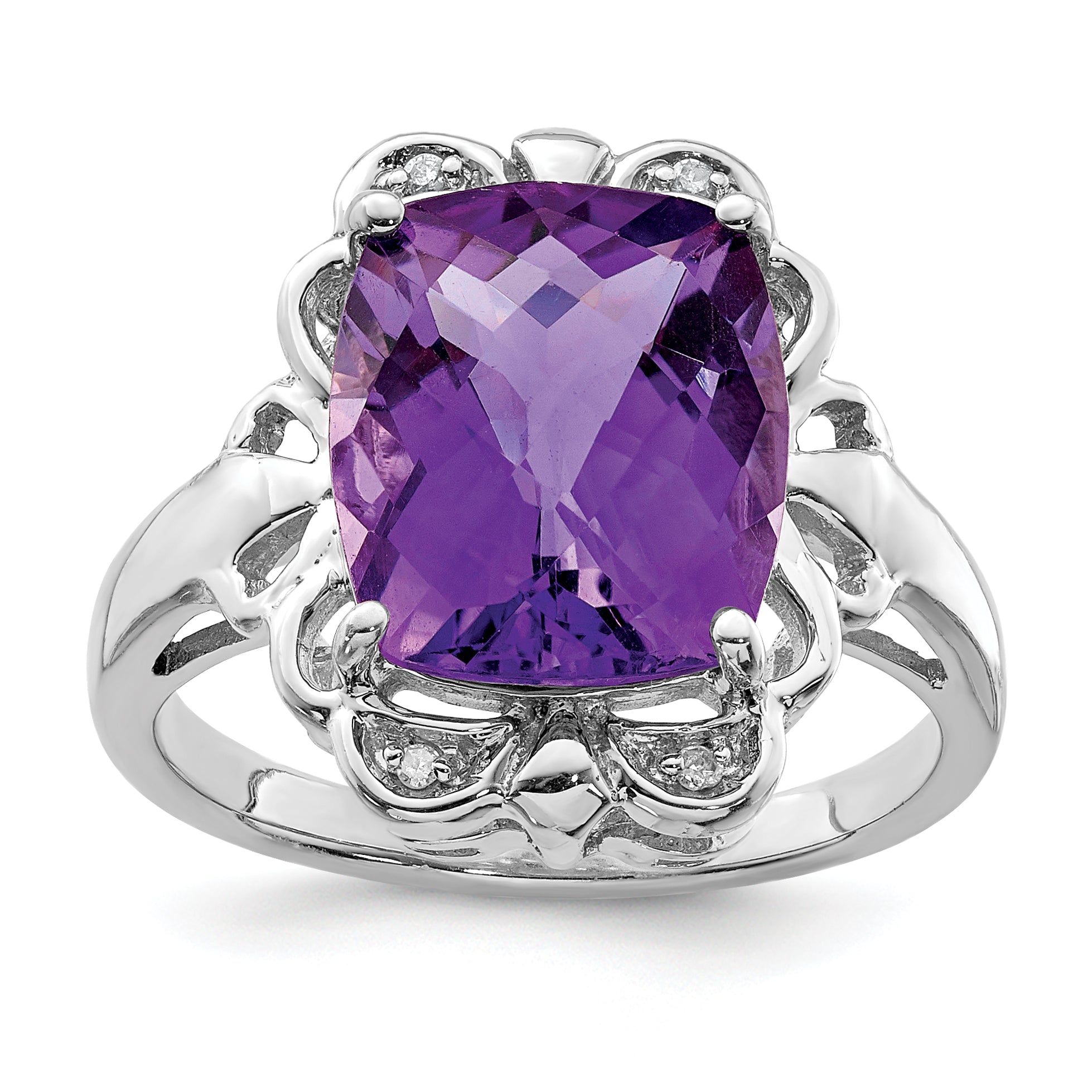 Sterling Silver Rhodium-plated Checker-Cut Amethyst & Diamond Ring Main image