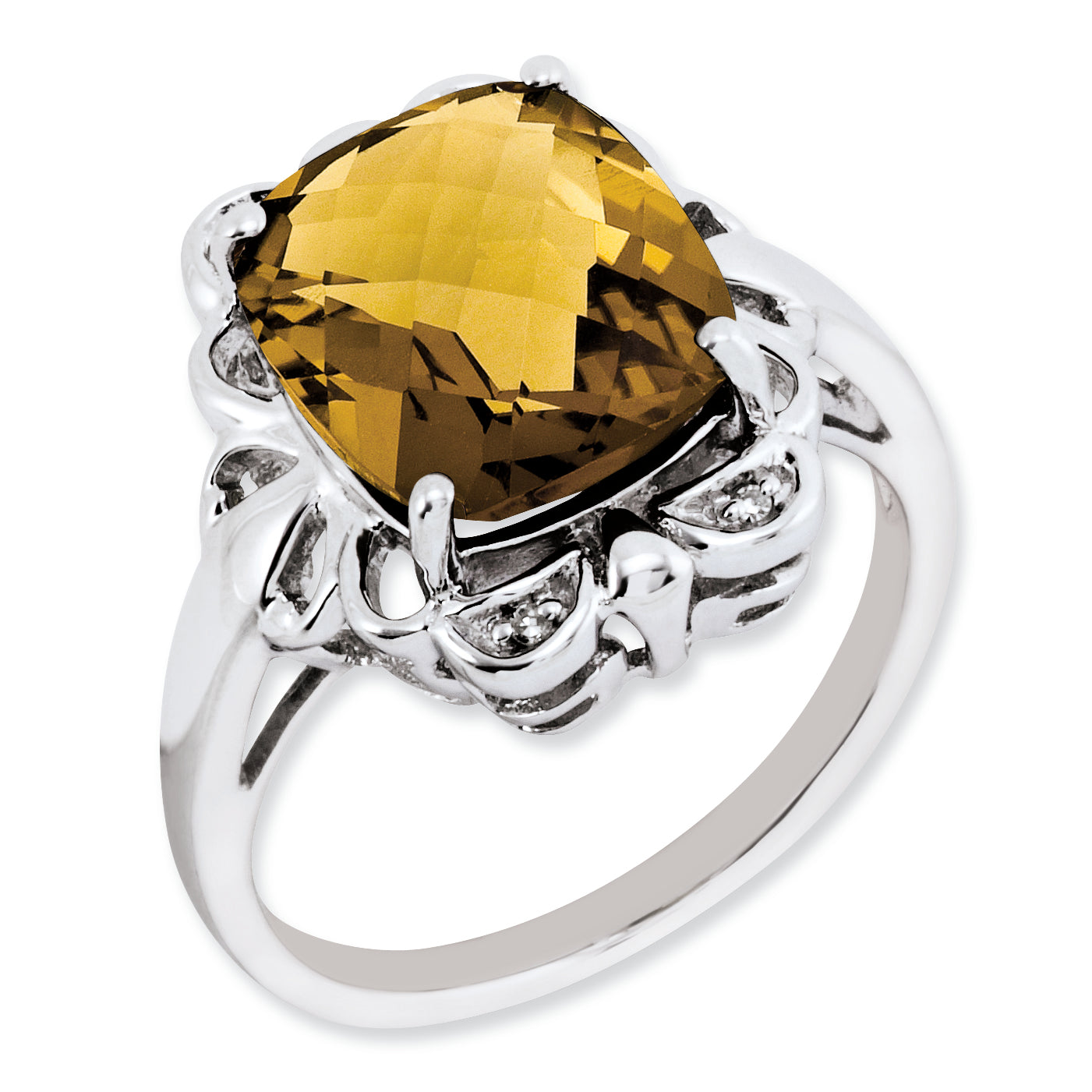 Sterling Silver RH-plated Checker-Cut Whiskey Quartz & Diamond Ring Main image