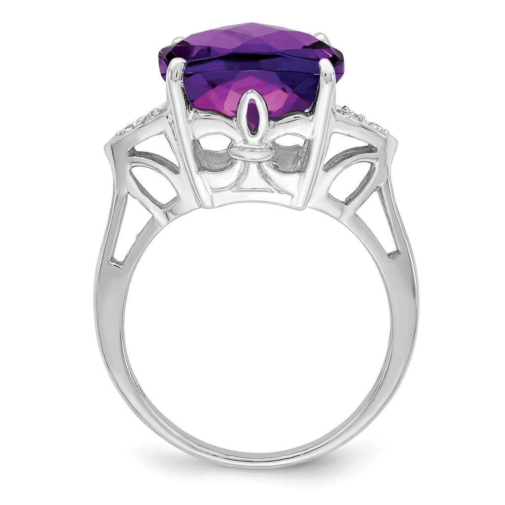 Sterling Silver Rhodium-Plated Checker-Cut Amethyst & Diamond Ring