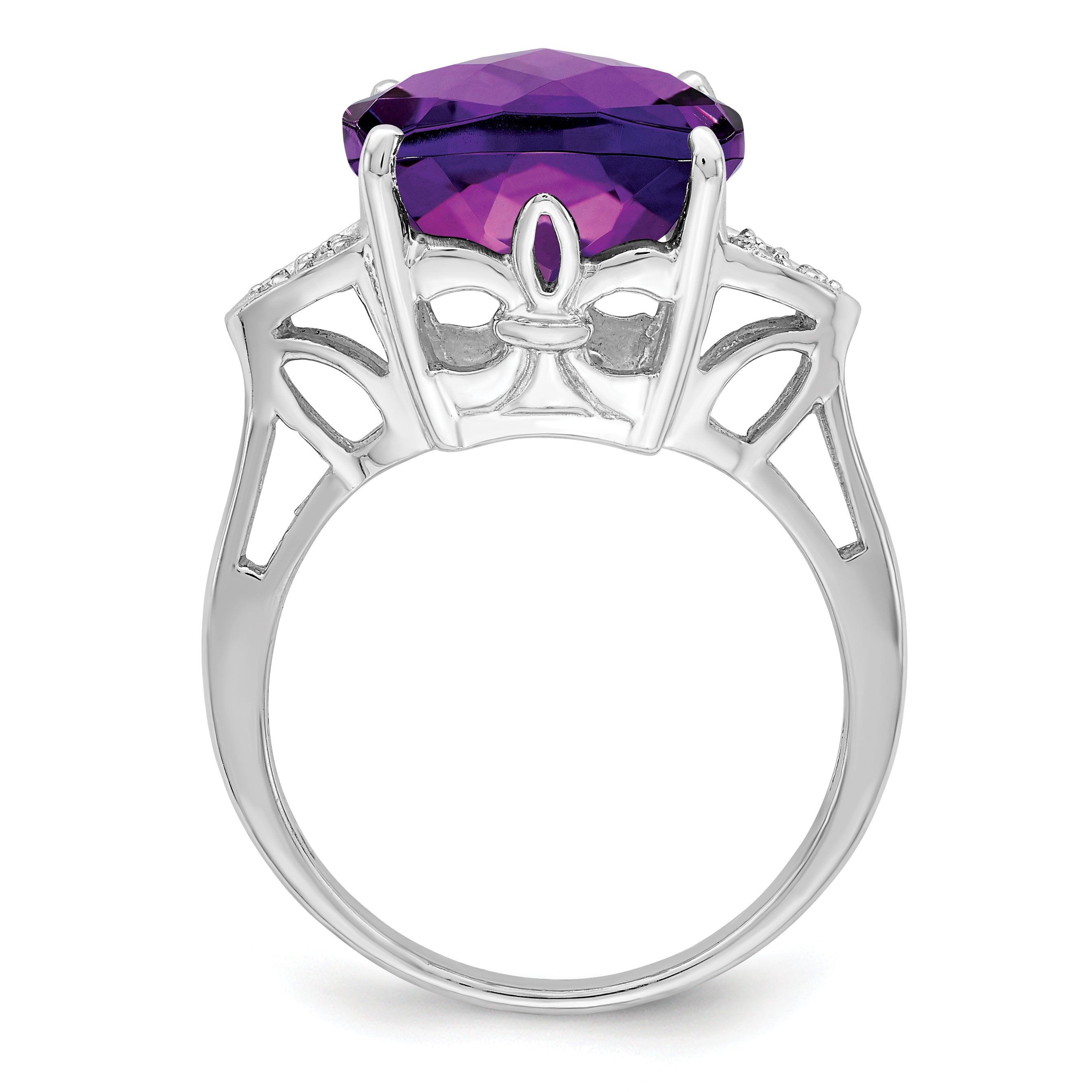 Sterling Silver Rhodium-Plated Checker-Cut Amethyst & Diamond Ring