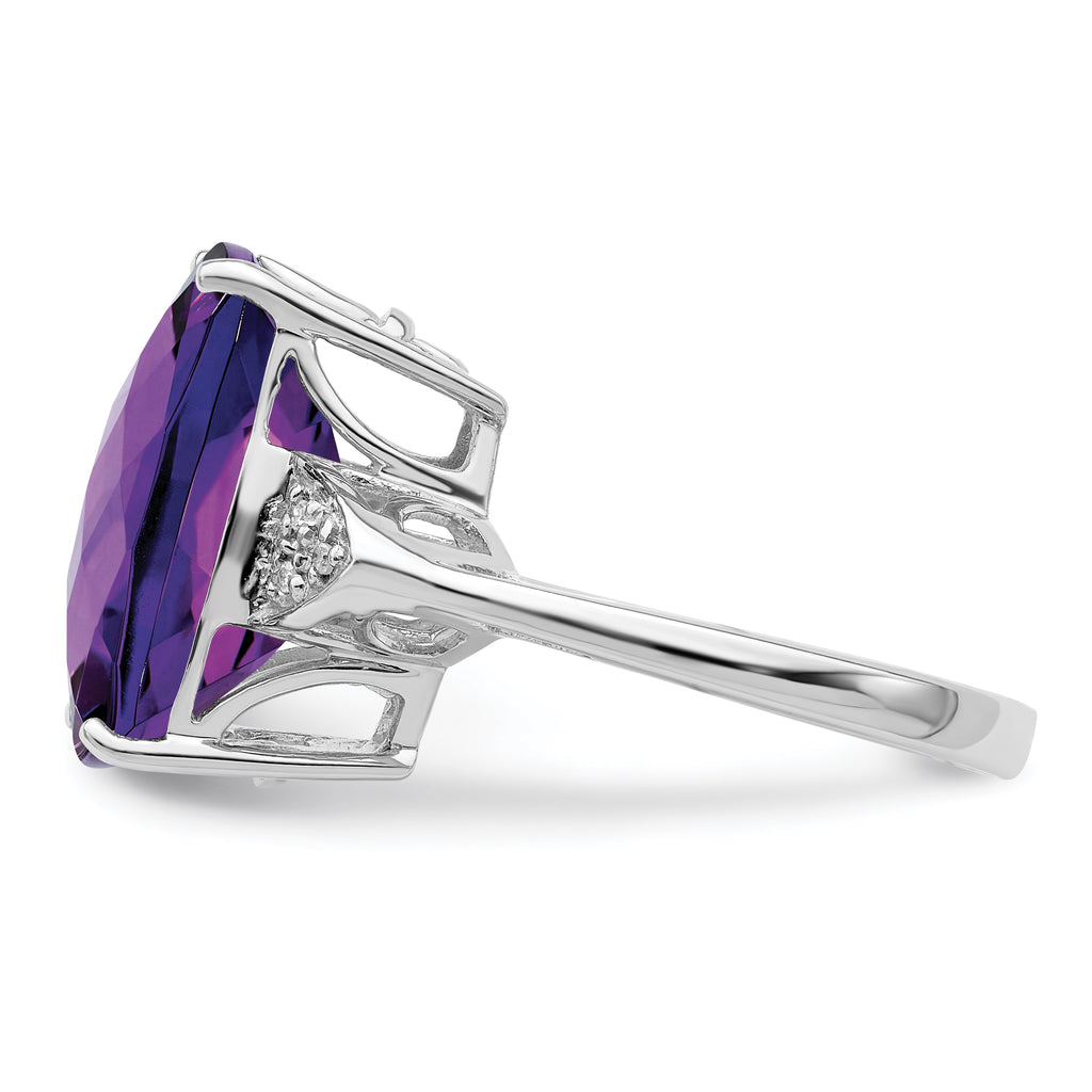 Sterling Silver Rhodium-Plated Checker-Cut Amethyst & Diamond Ring