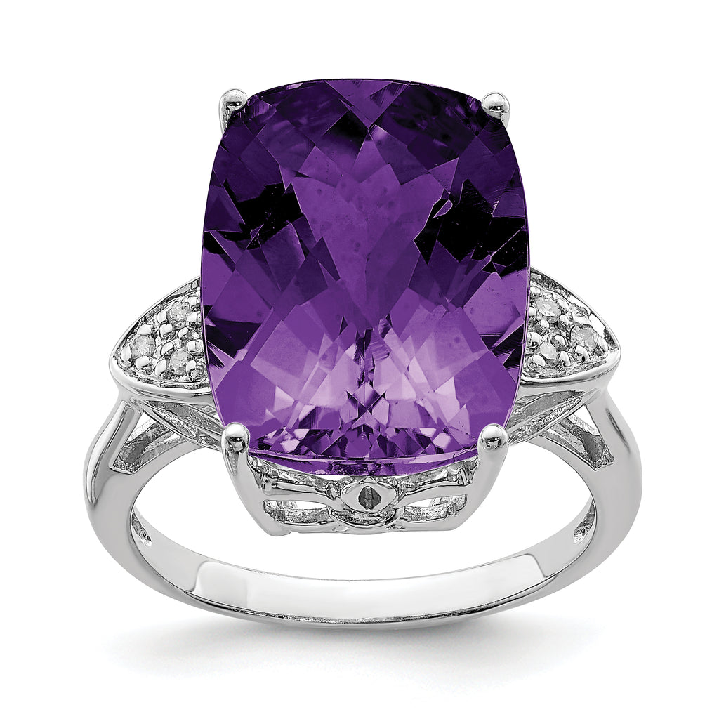 Sterling Silver Rhodium-Plated Checker-Cut Amethyst & Diamond Ring
