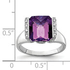 Sterling Silver Rhodium-plated Checker-Cut Amethyst & Diamond Ring