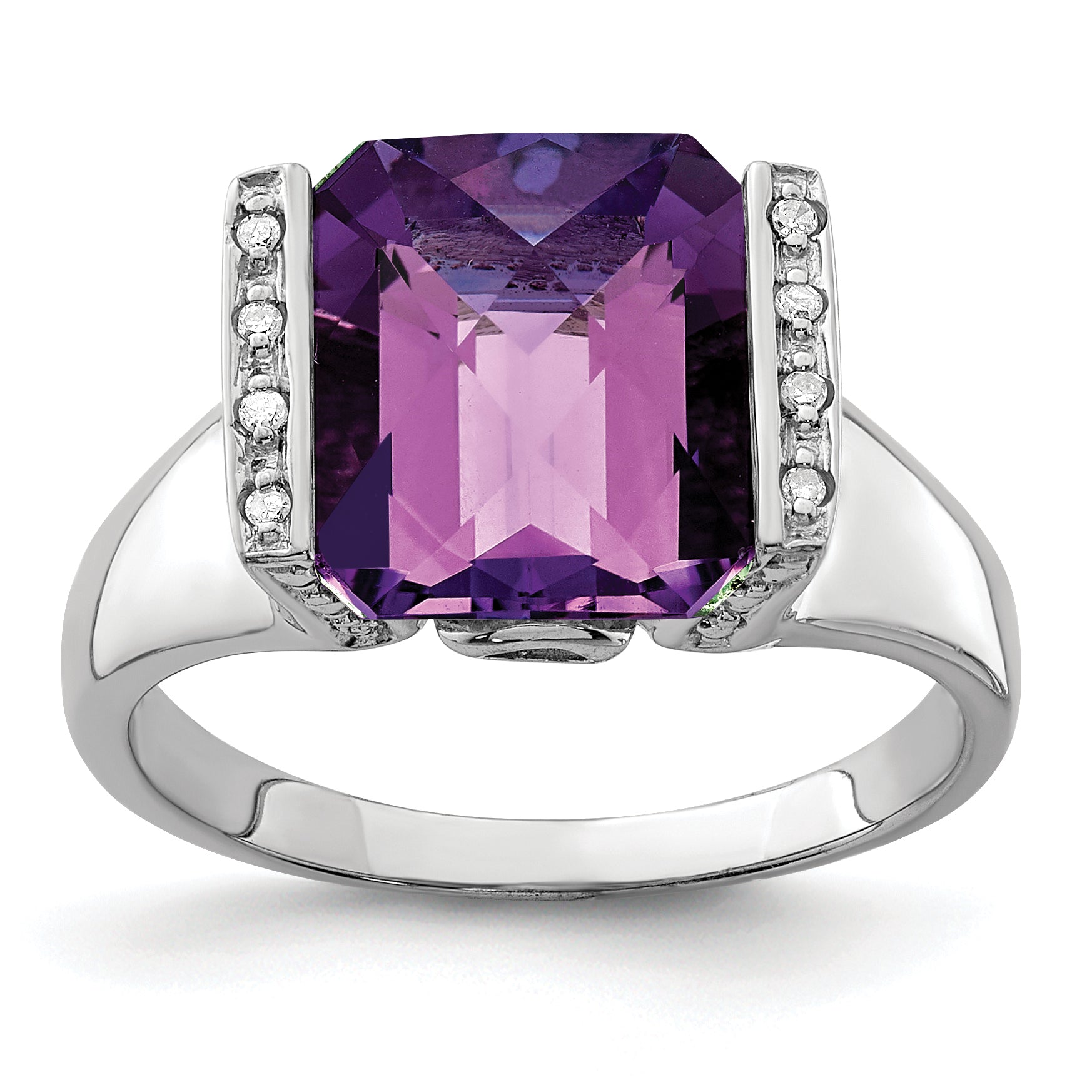 Sterling Silver Rhodium-plated Checker-Cut Amethyst & Diamond Ring Main image