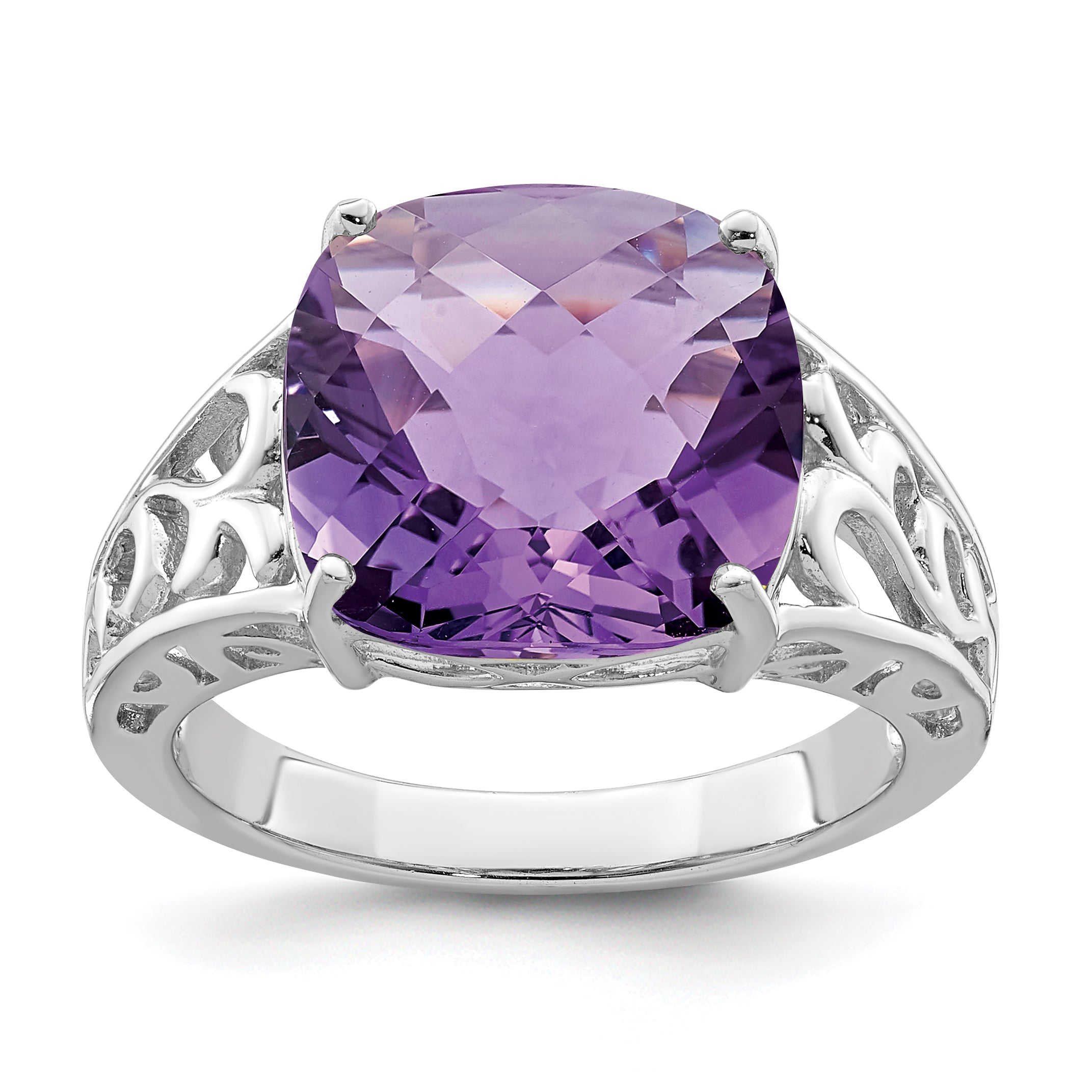 Sterling Silver Rhodium-plated Checker-Cut Amethyst Ring Main image