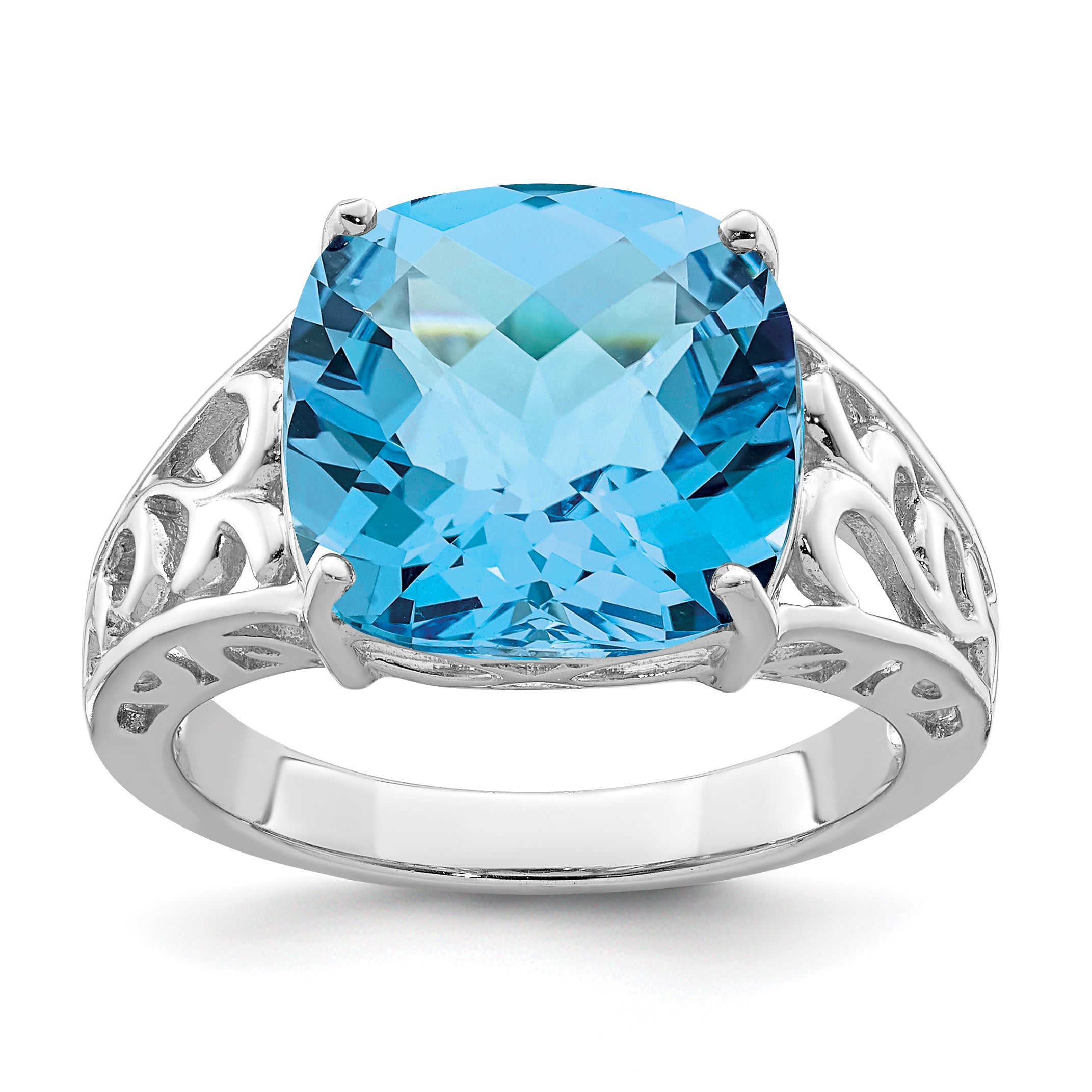 Sterling Silver Rhodium Checker-Cut Blue Topaz Ring Main image
