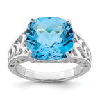 Sterling Silver Rhodium Checker-Cut Blue Topaz Ring