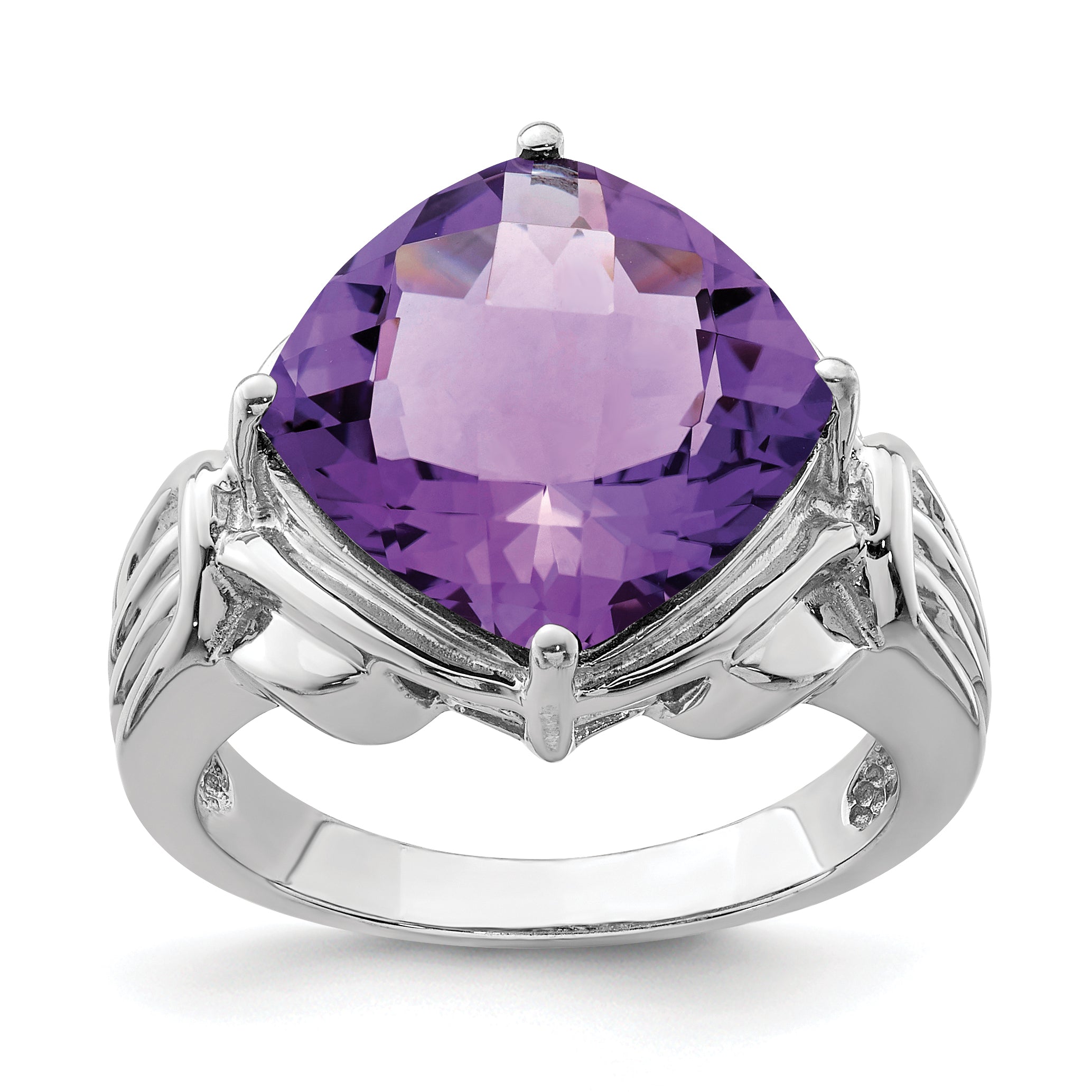 Sterling Silver Rhodium-plated Checker-Cut Amethyst Ring Main image