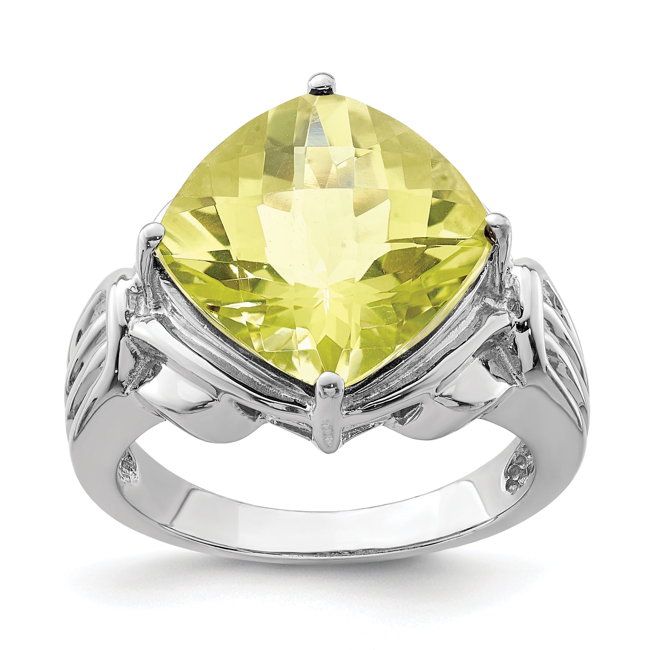 Sterling Silver Rhodium Checker-Cut Lemon Quartz Ring Main image