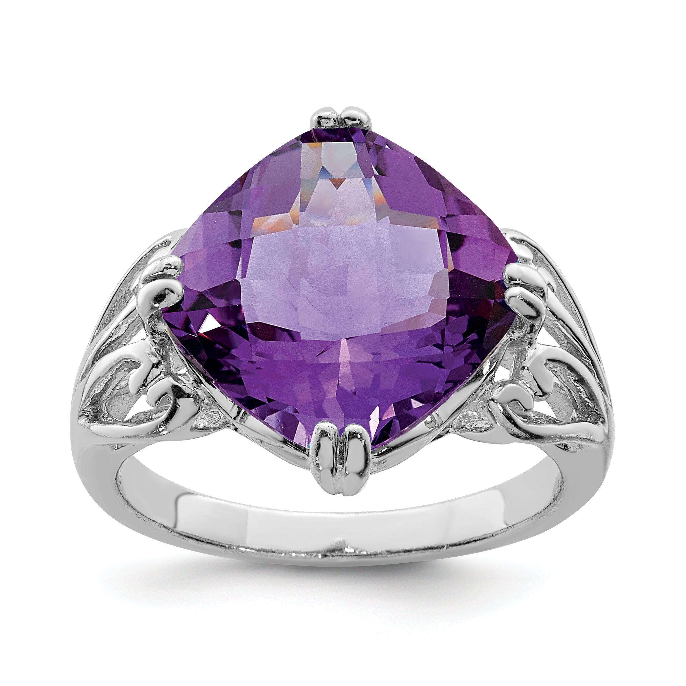 Sterling Silver Rhodium-plated Checker-Cut Amethyst Ring Main image
