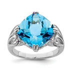 Sterling Silver Rhodium Checker-Cut Blue Topaz Ring