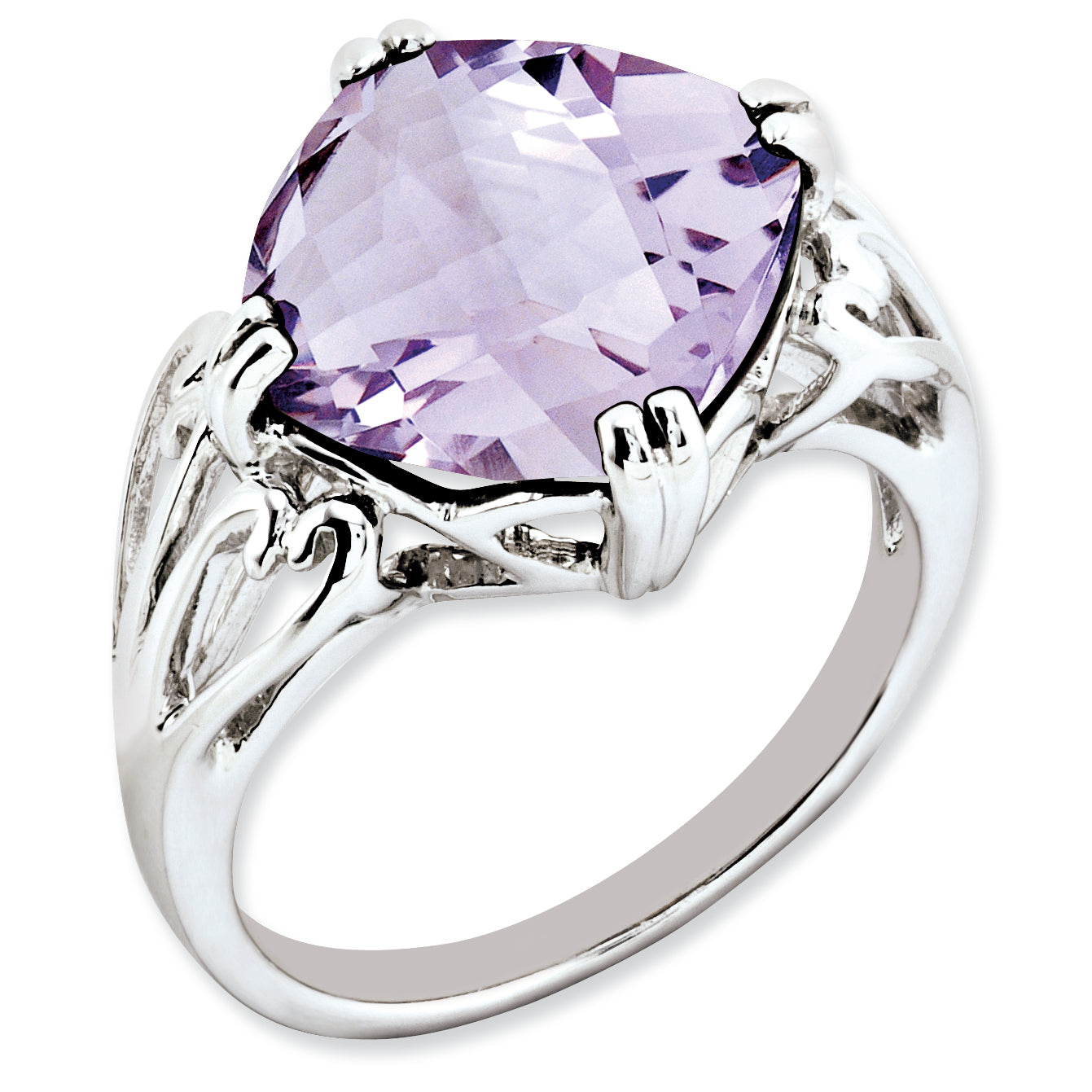 Sterling Silver Rhodium-plated Checker-Cut Pink Quartz Ring Main image