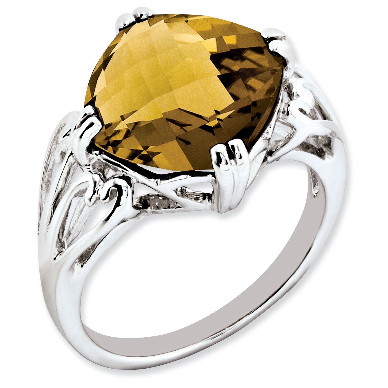 Sterling Silver Rhodium-plated Checker-Cut Whiskey Quartz Ring Main image