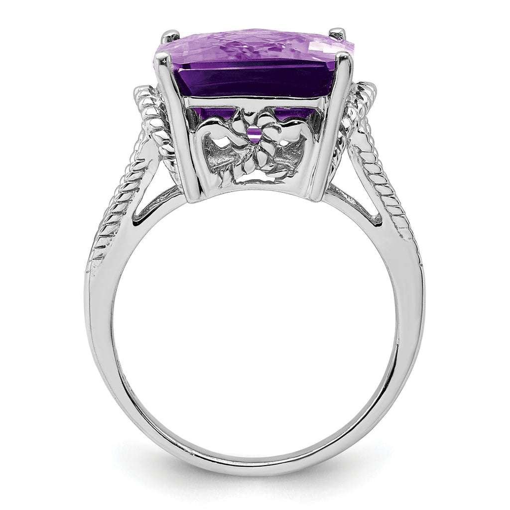 Sterling Silver Rhodium-plated Checker-Cut Amethyst Ring