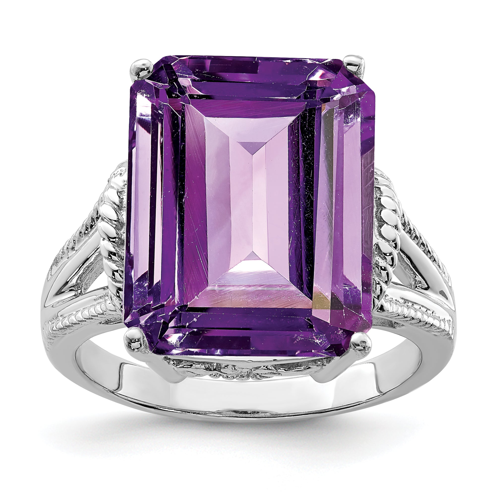 Sterling Silver Rhodium-plated Checker-Cut Amethyst Ring Main image