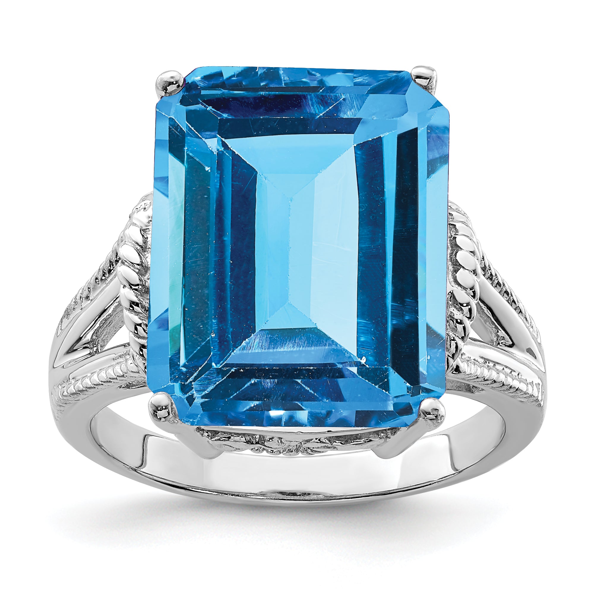 Sterling Silver Rhodium Checker-Cut Blue Topaz Ring Main image