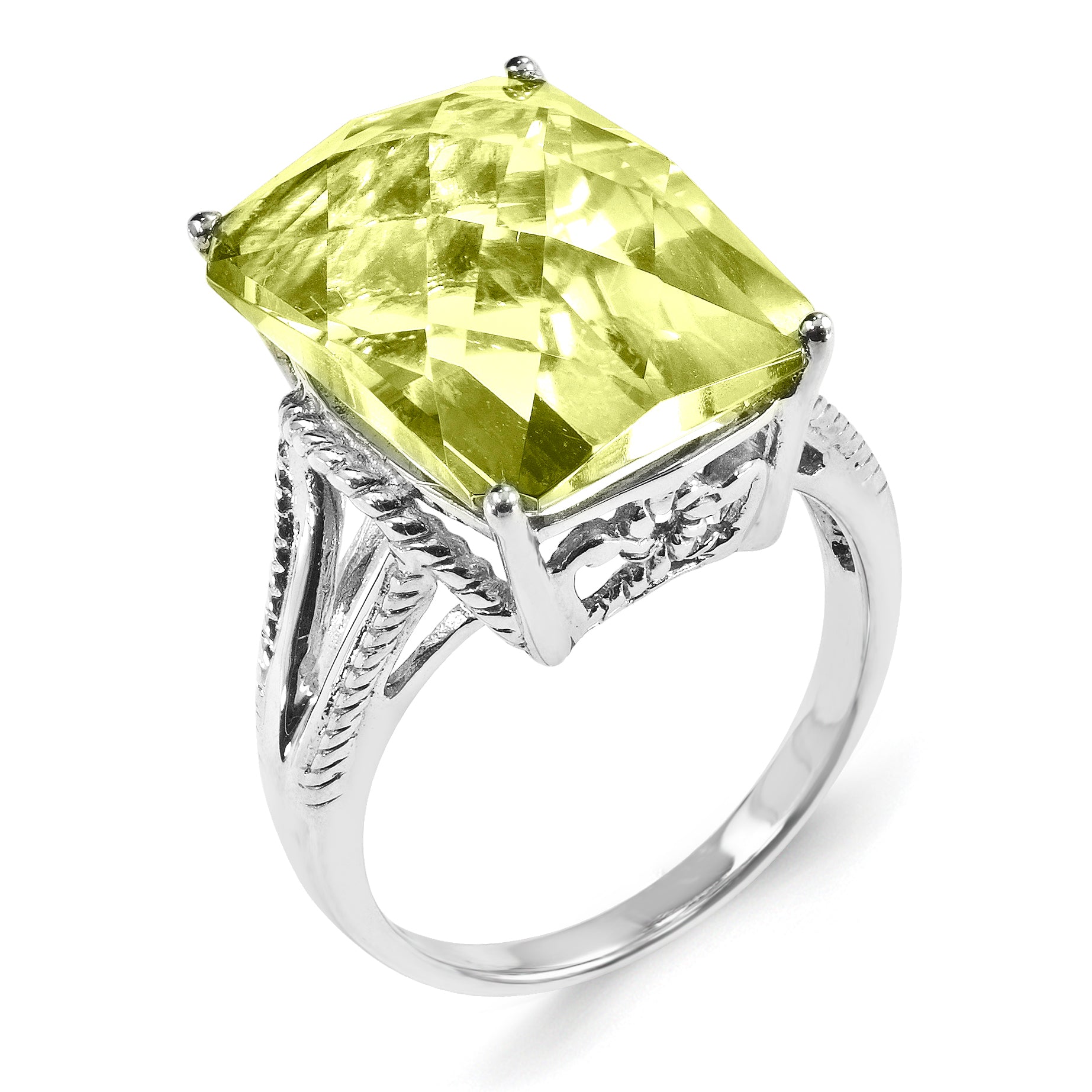 Sterling Silver Rhodium-plated Octagonal Checker-Cut Lemon Quartz Ring