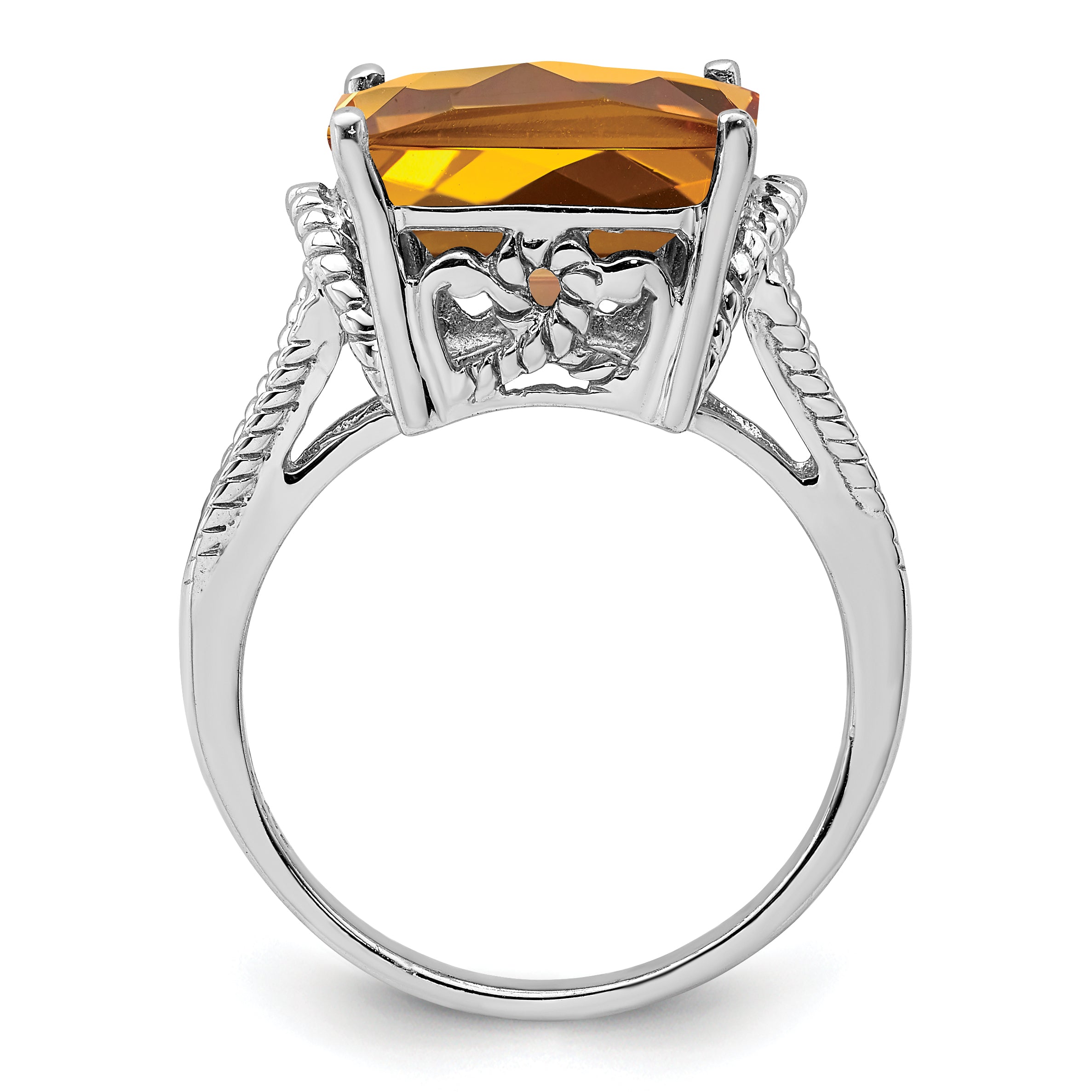 Sterling Silver Rhodium Octagonal Checker-Cut Whiskey Quartz Ring Secondary image