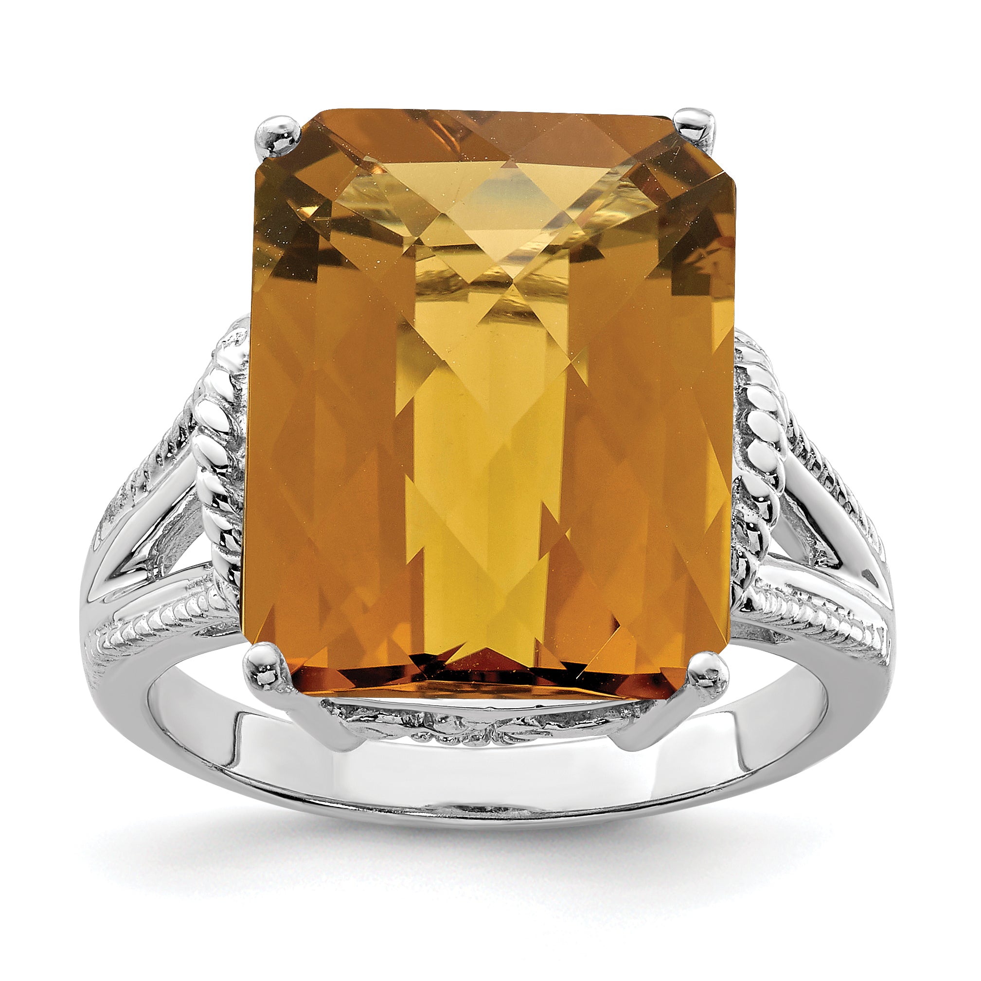 Sterling Silver Rhodium Octagonal Checker-Cut Whiskey Quartz Ring Main image