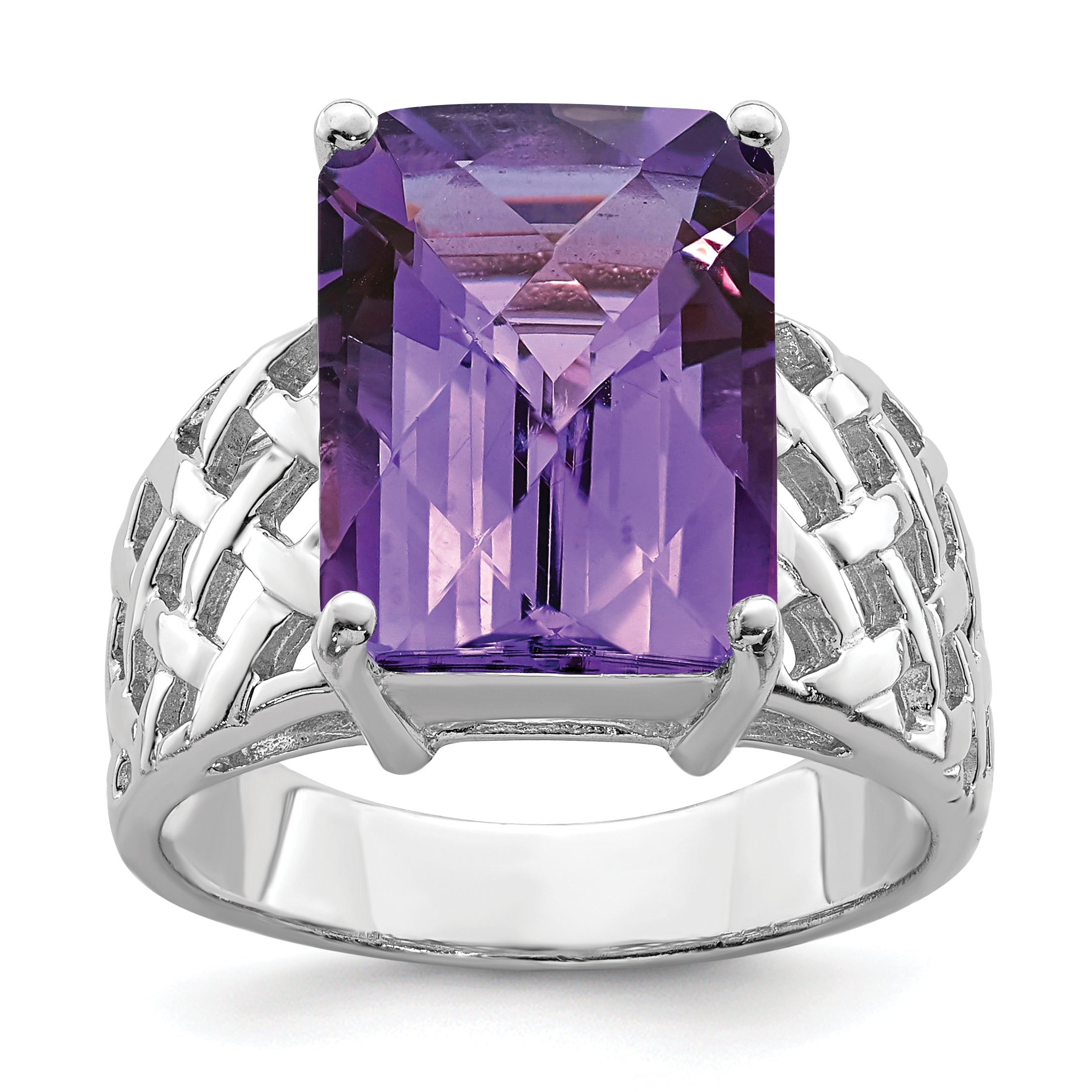Sterling Silver Rhodium-plated Octagonal Checker-Cut Amethyst Ring Main image