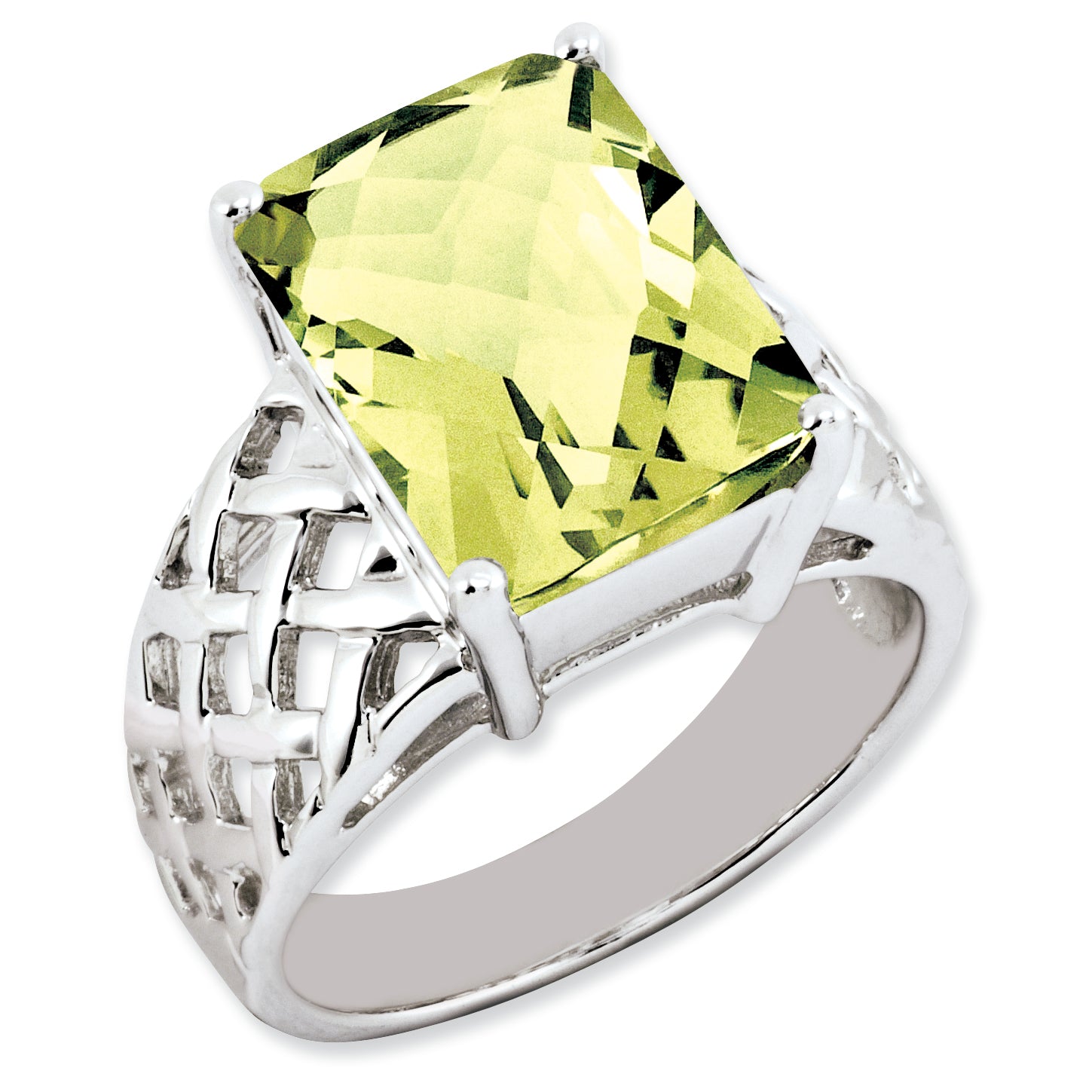 Sterling Silver Rhodium-plated Octagonal Checker-Cut Lemon Quartz Ring Main image