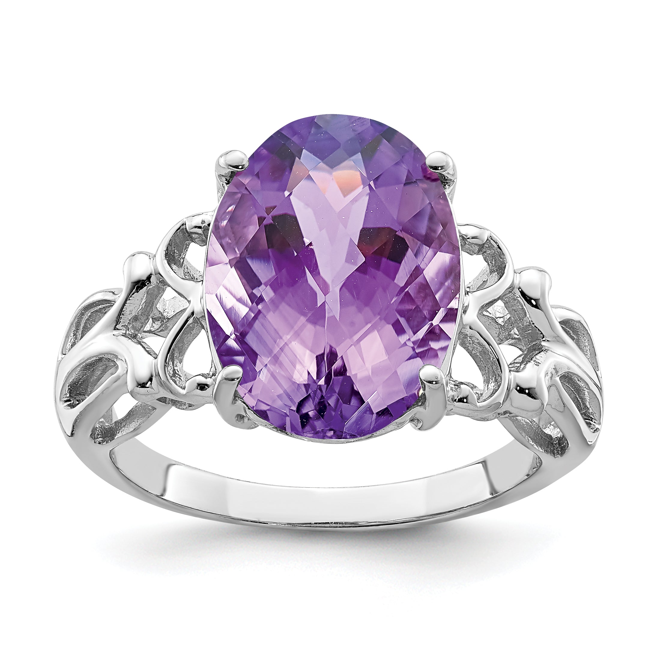 Sterling Silver Rhodium-plated Oval Checker-Cut Amethyst Ring Main image