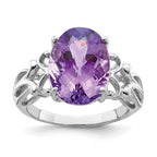 Sterling Silver Rhodium-plated Oval Checker-Cut Amethyst Ring