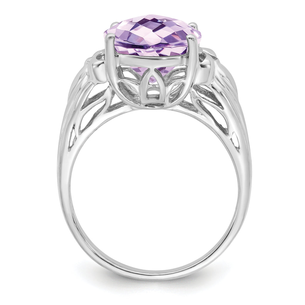 Sterling Silver Rhodium Oval Checker-Cut Pink Quartz Ring