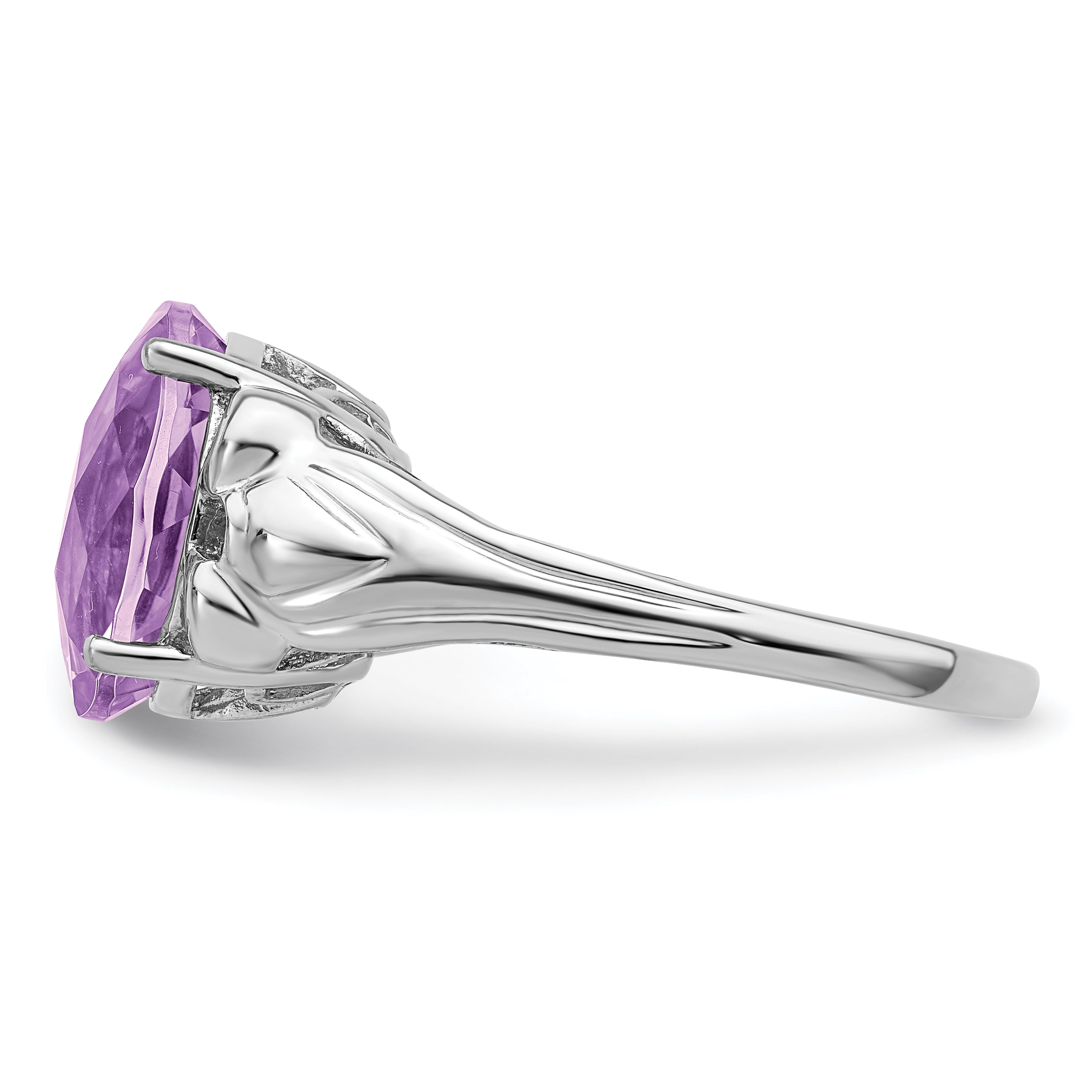 Sterling Silver Rhodium Oval Checker-Cut Pink Quartz Ring