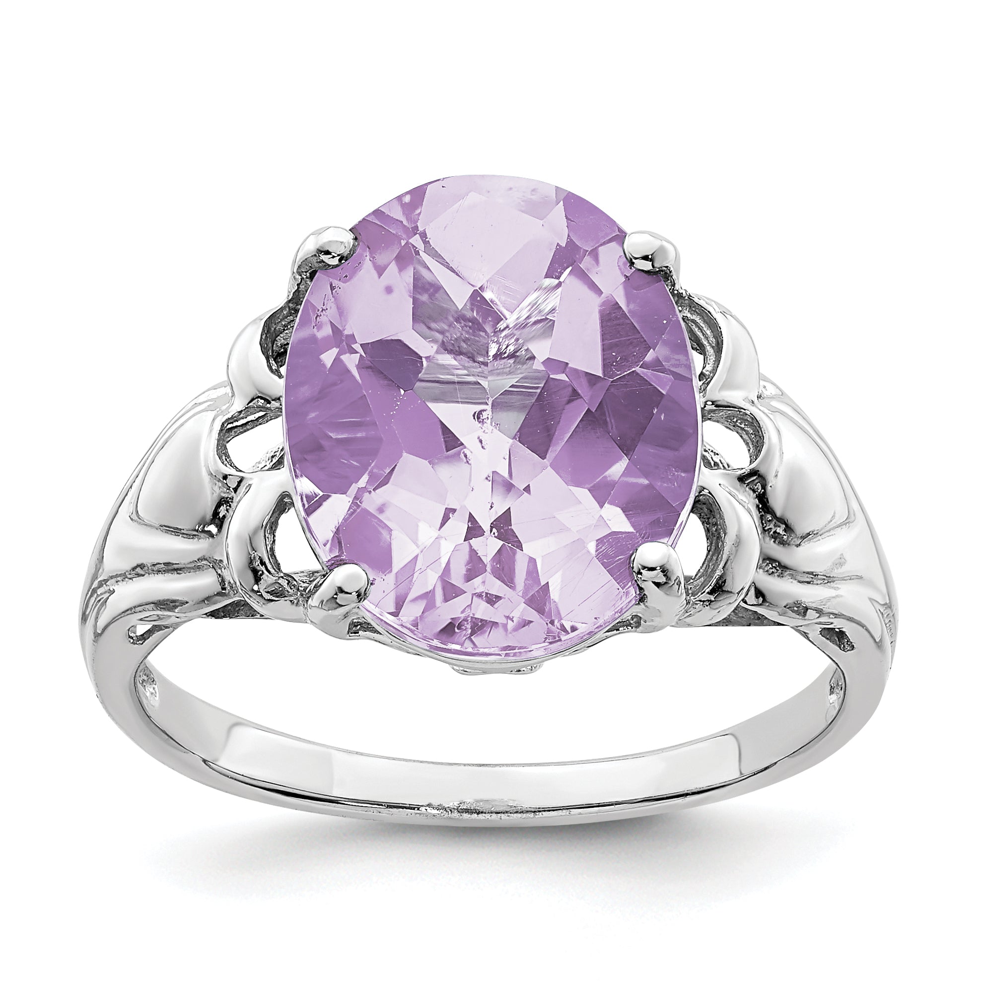 Sterling Silver Rhodium Oval Checker-Cut Pink Quartz Ring Main image