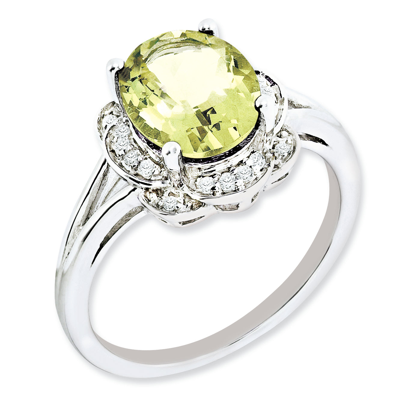 Sterling Silver Rhodium-plated Diamond & Lemon Quartz Ring