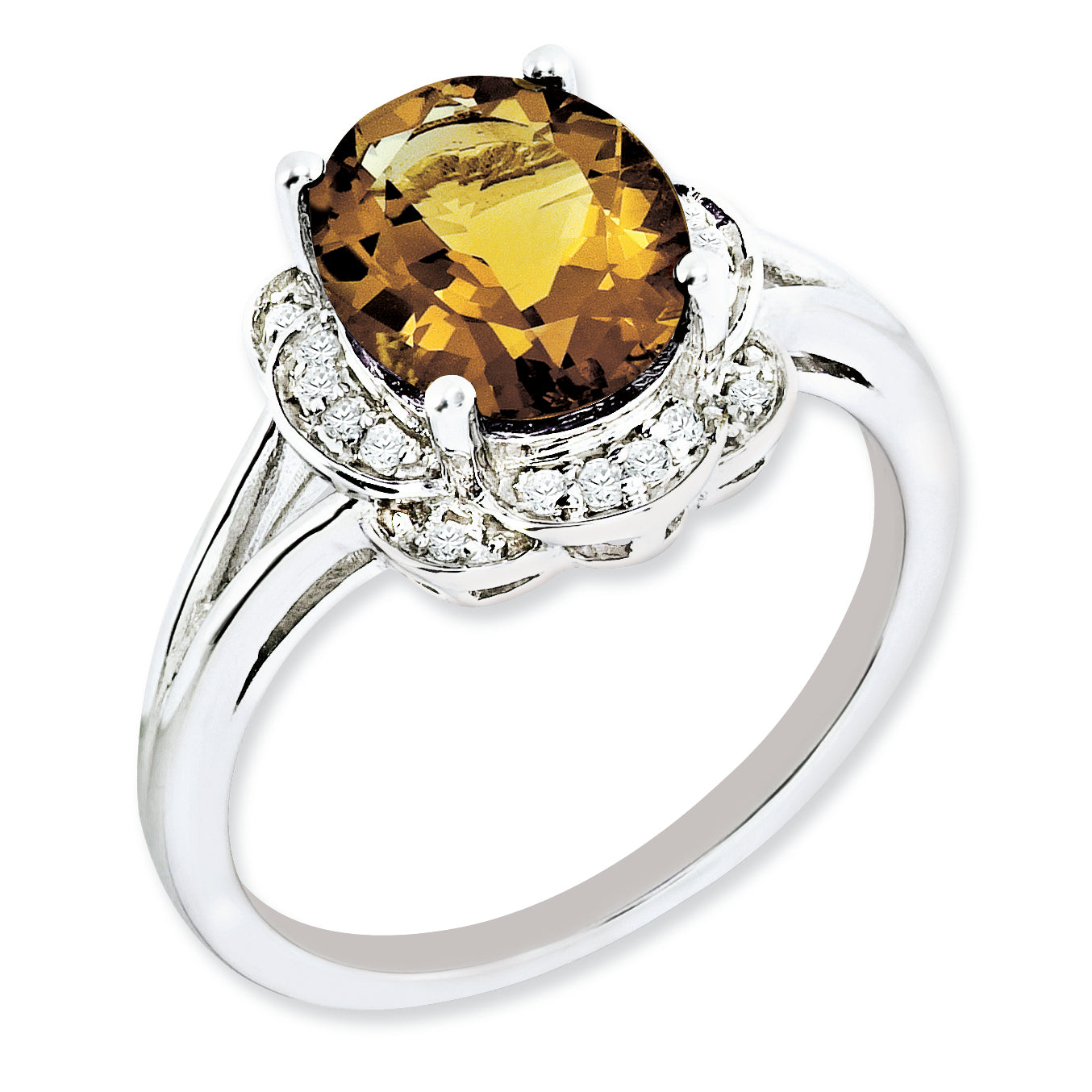 Sterling Silver Rhodium-plated Diamond & Whiskey Quartz Ring