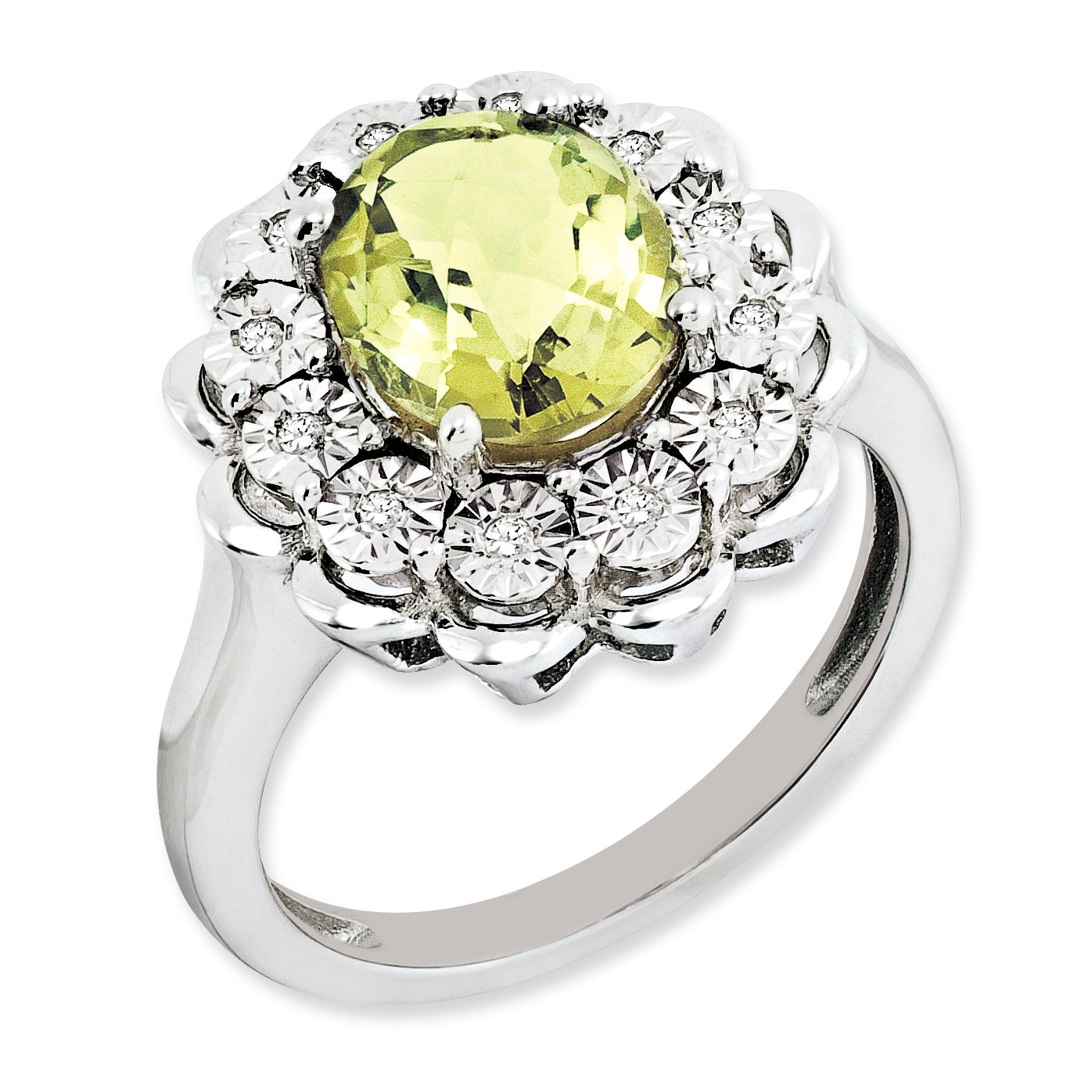 Sterling Silver RH-plated Diamond & Oval Checker-Cut Lemon Quartz Ring