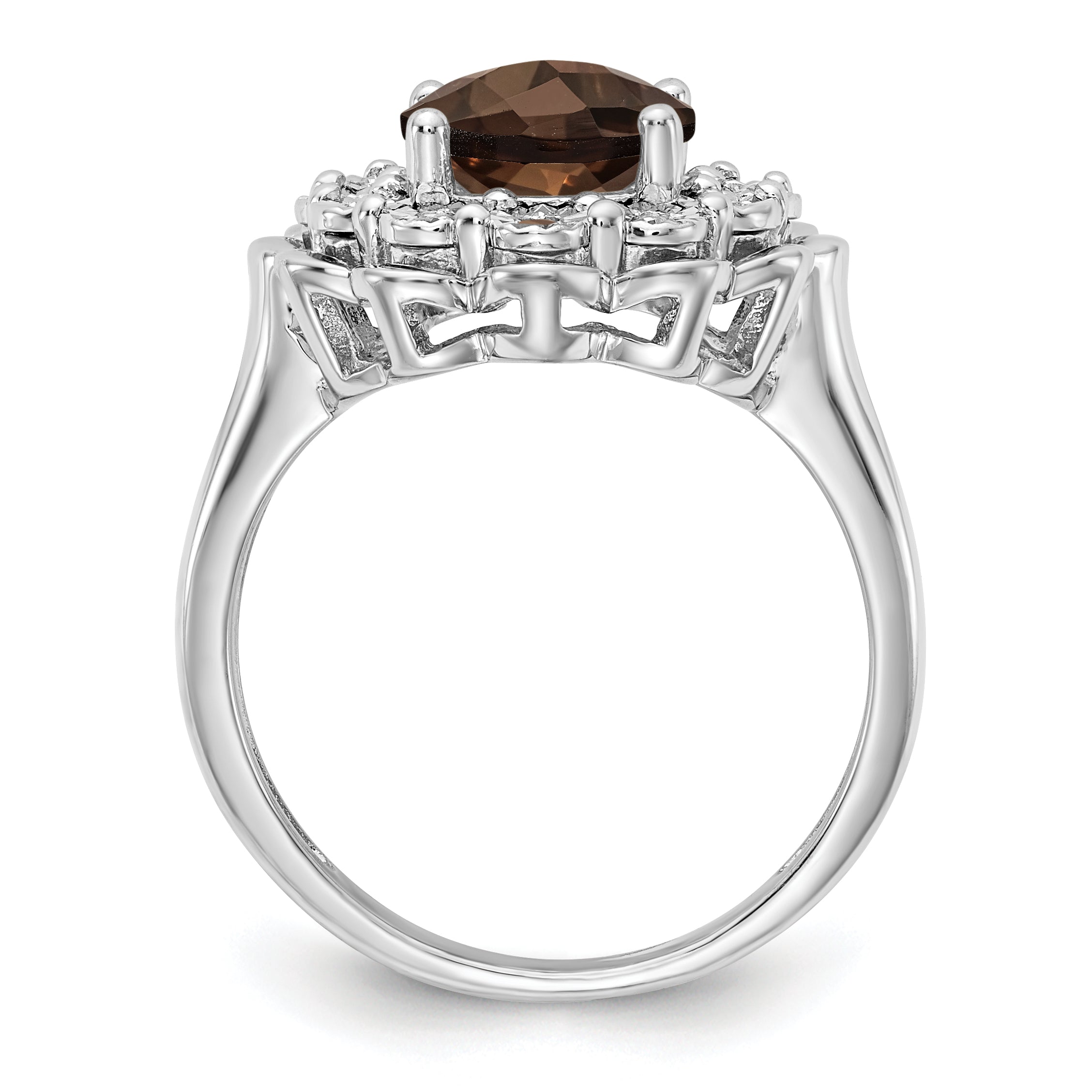 Sterling Silver Rhodium Diam. & Oval Checker-Cut Smoky Quartz Ring
