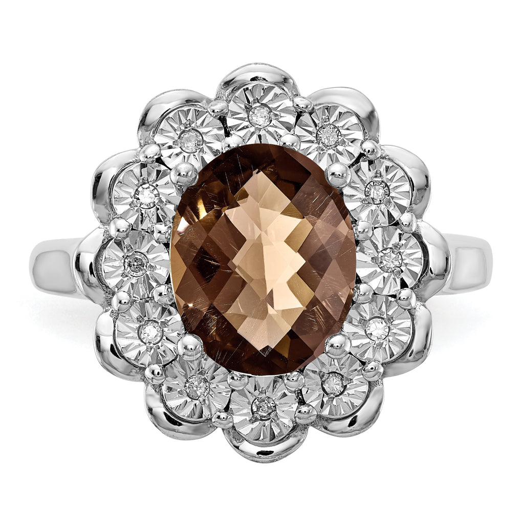 Sterling Silver Rhodium Diam. & Oval Checker-Cut Smoky Quartz Ring