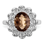 Sterling Silver Rhodium Diam. & Oval Checker-Cut Smoky Quartz Ring