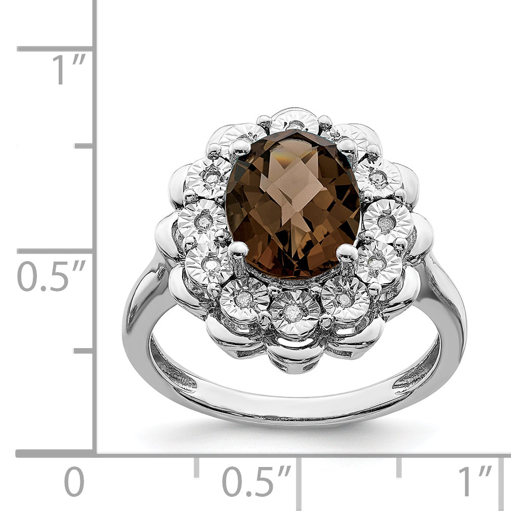 Sterling Silver Rhodium Diam. & Oval Checker-Cut Smoky Quartz Ring