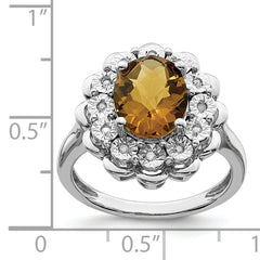 Sterling Silver Rhodium Diam. & Checker-Cut Whiskey Quartz Ring