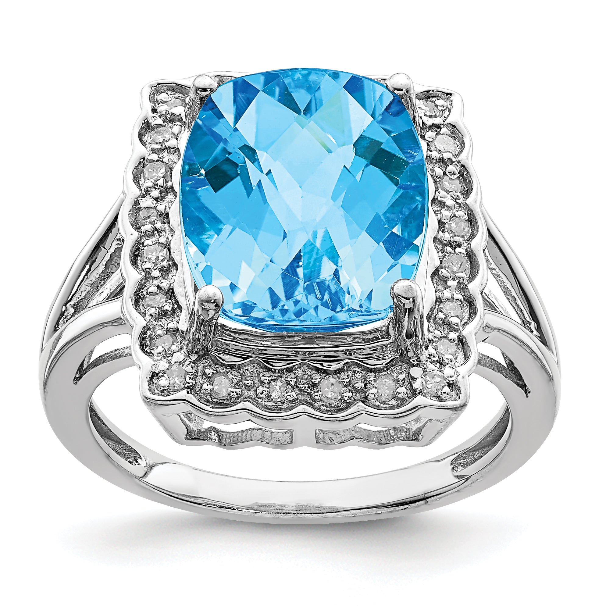 Sterling Silver Rhodium Diam. & Checker-Cut Blue Topaz Ring Main image