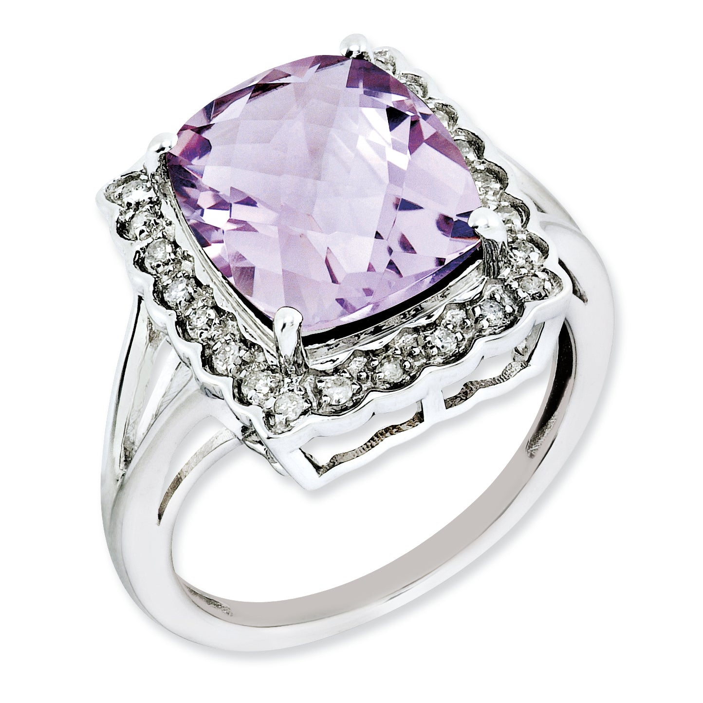 Sterling Silver Rhodium-plated Diamond & Checker-Cut Pink Quartz Ring Main image
