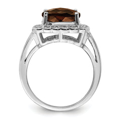 Sterling Silver Rhodium Diam. & Checker-Cut Smoky Quartz Ring