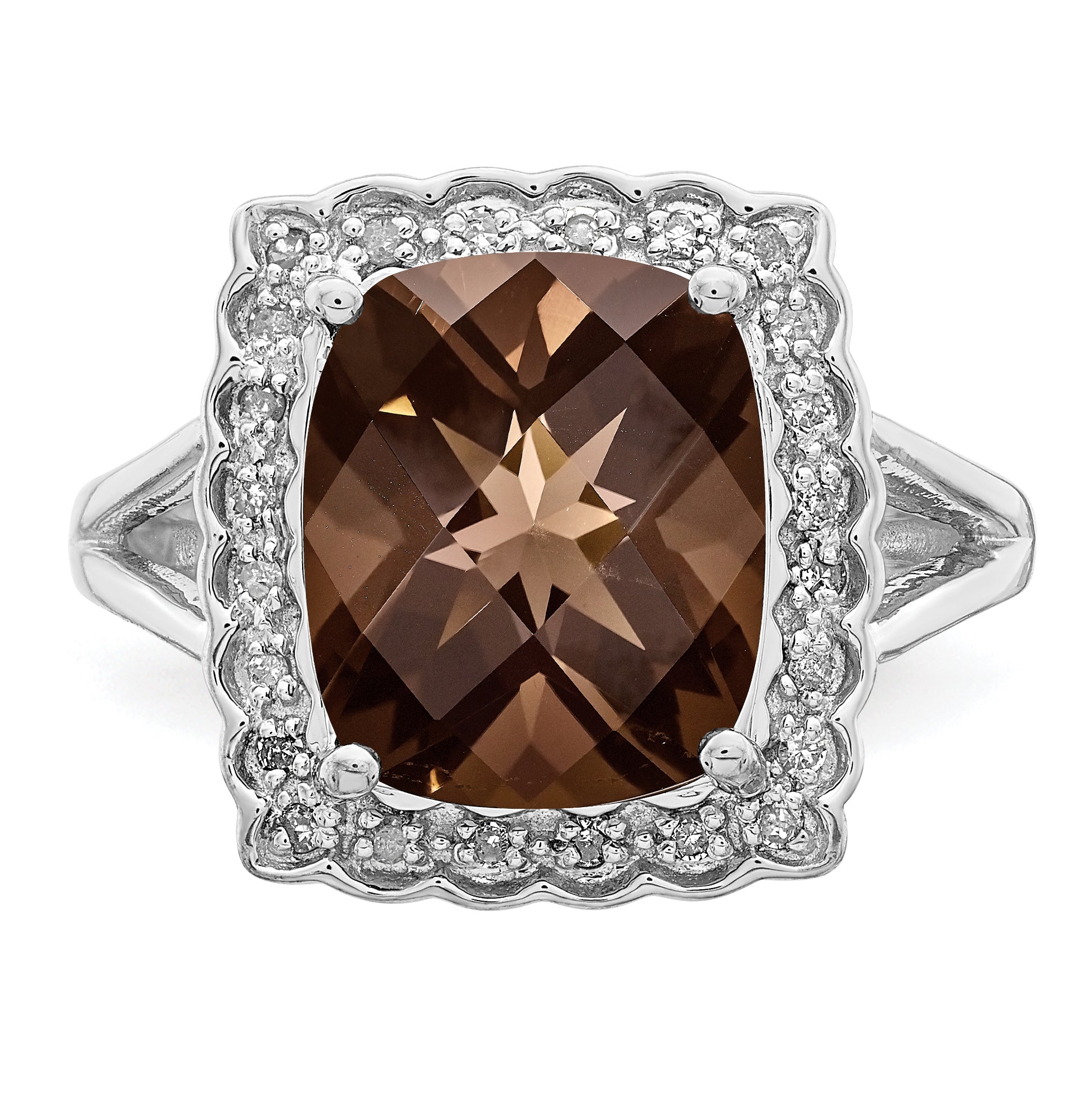 Sterling Silver Rhodium Diam. & Checker-Cut Smoky Quartz Ring