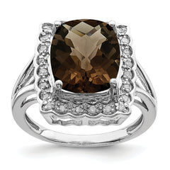 Sterling Silver Rhodium Diam. & Checker-Cut Smoky Quartz Ring