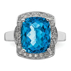 Sterling Silver Rhodium Diam. & Checker-Cut Blue Topaz Ring