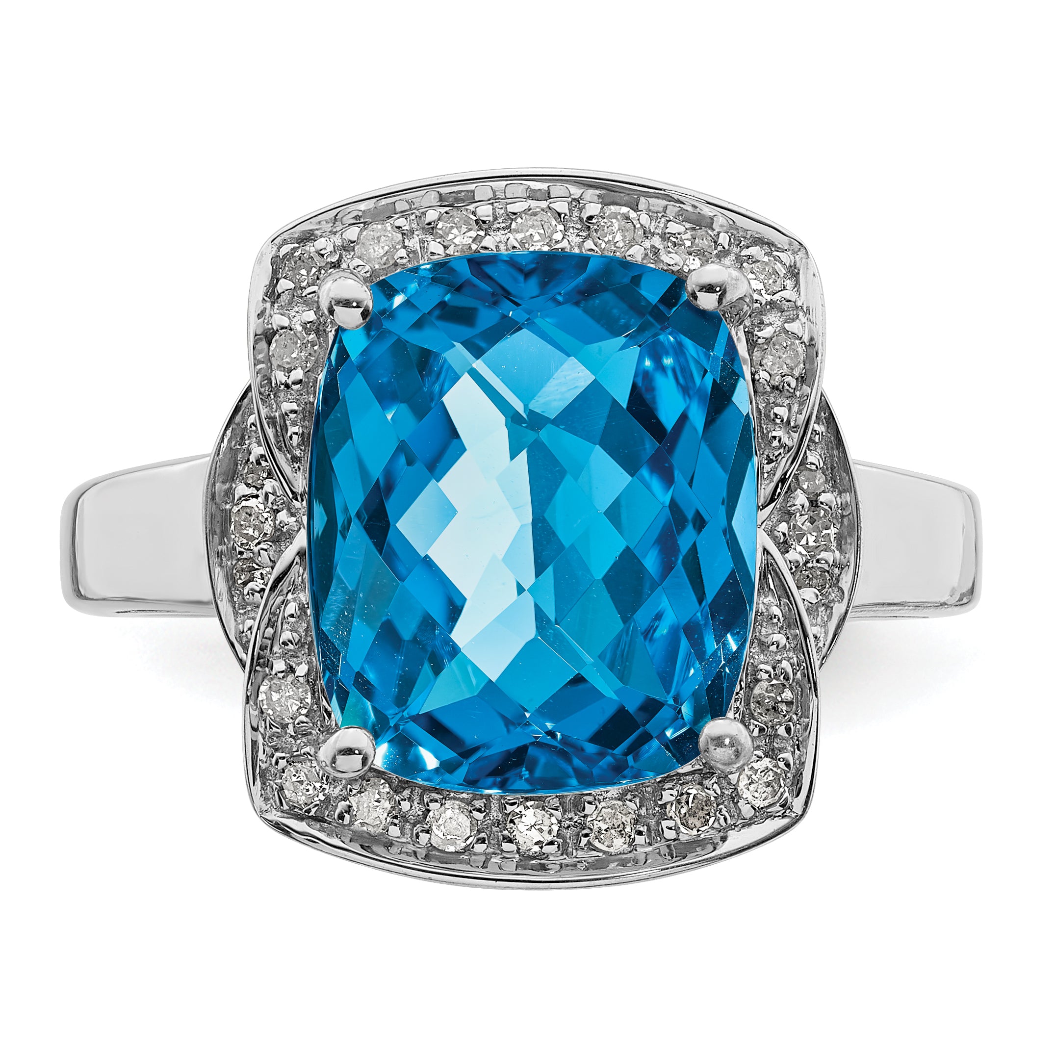 Sterling Silver Rhodium Diam. & Checker-Cut Blue Topaz Ring