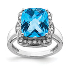 Sterling Silver Rhodium Diam. & Checker-Cut Blue Topaz Ring